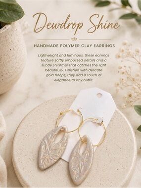 Dewdrop Shine Polymer Clay Earrings - Pearlescent Cream with Gold Hoops